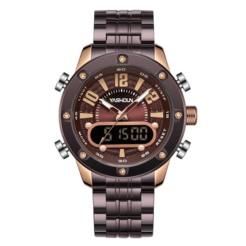 Top Brand Multifunctional Dual Display Electronic Watch Sport Men's Watch Steel Strap Quartz Wrist Watch