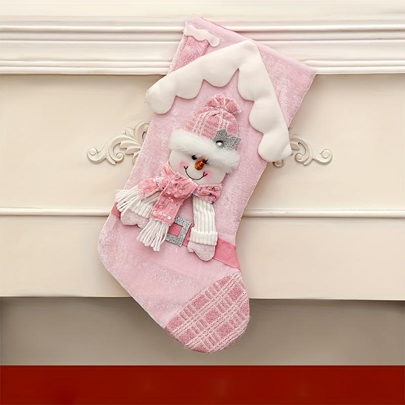 Festive Santa Claus Reindeer Christmas Stocking Pouches Pink Cartoon Roof Design with Santa Hat Scarf, Christmas Decorations