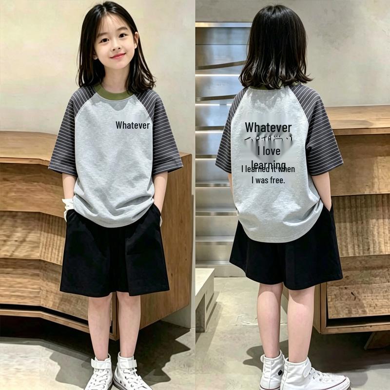 Girls' Striped Cotton T-Shirt & Shorts Set - Stylish Summer Outfit for Ages 6-12