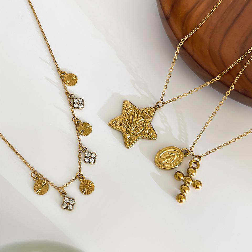 ZAKOL Retro Stainless Steel Star Cross Pendant Necklaces for Women Punk Gold Color Party Stacked Necklace Clavicle Chain