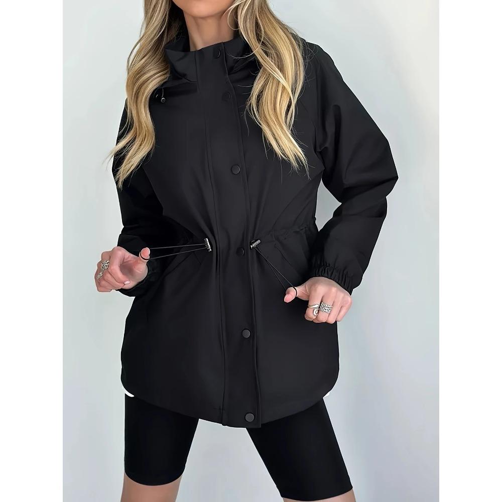 Women Hooded Windbreaker Jacket Drawstring Waist Snap Button Front Elastic Cuff Lightweight Outdoor Casual Waterproof JacketOuterwear