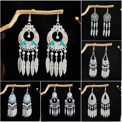 Geometric Round Earrings, Bohemian Vintage Tourist Attraction Long Fringed Earrings