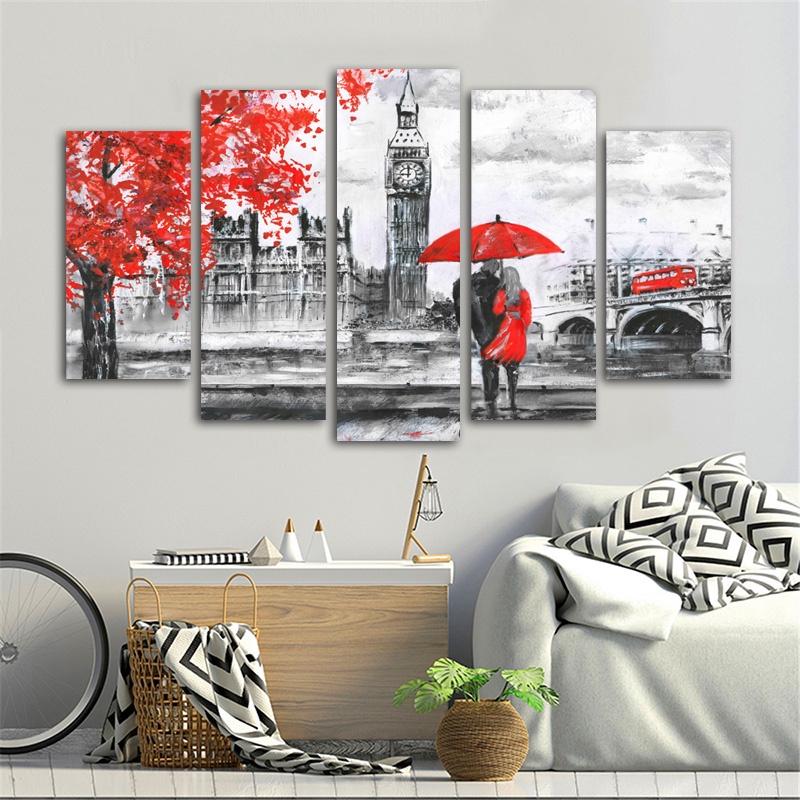 5 Panels Landscape Posters Canvas Painting Building Prints Red London Clock Modern Home Decor Wall Art Pictures For Living Room