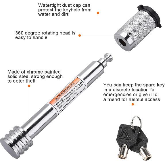 CZC AUTO Trailer Hitch Lock 5/8" Dia, Locking Hitch Pin 4" Super Extra Long Chrome Coated Hitch Pin With Keys For Class III IV To Hitch Bike Rack
