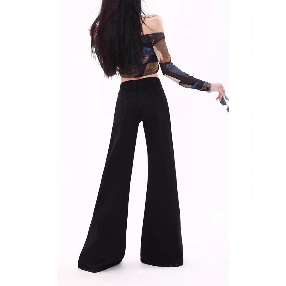 American Low-Waisted Slimming Black Flare Jeans - Cute Casual Wide Leg Duster Pants