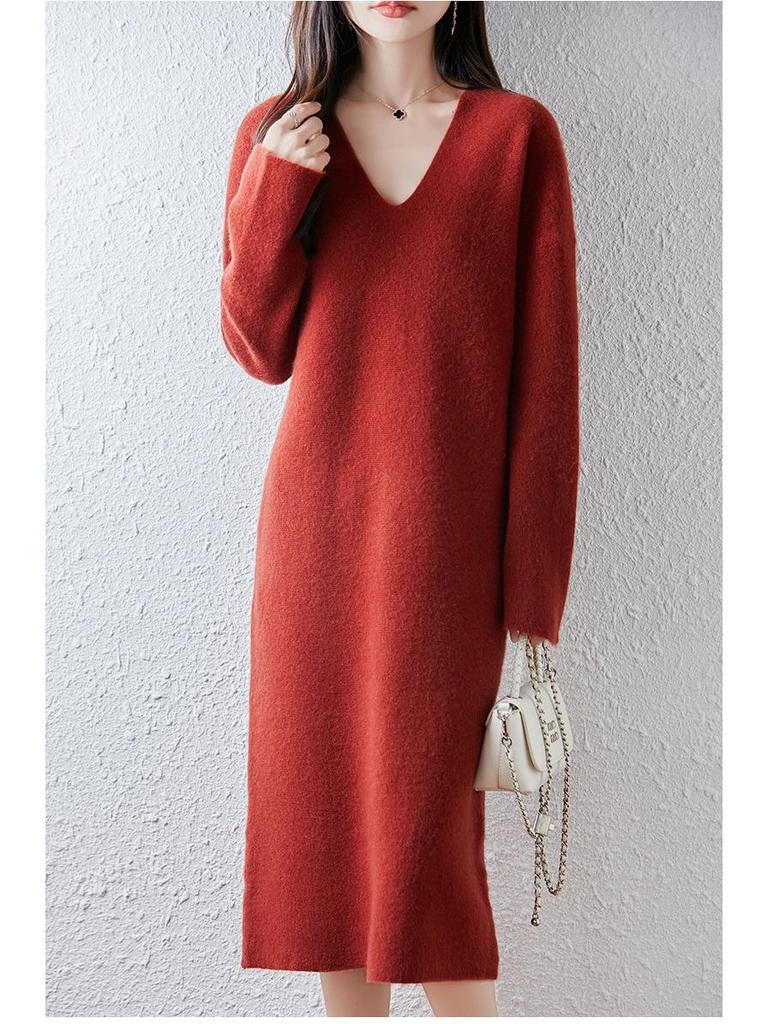 2025 Nowa Koreańska Sukienka Wełniana Dzianinowa o Długości Midi z Dekoltem V na Jesień i Zimę