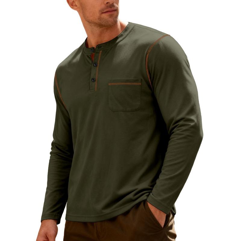Men's Solid Color Stand Collar Henley Shirt, Long Sleeve Business Casual Sports Top, Spring Summer Daily Versatile Pullover T-Shirt