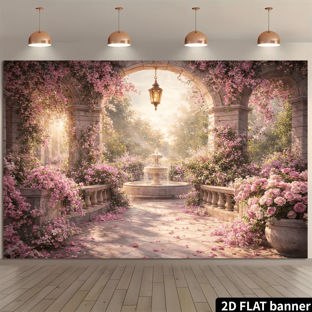 2D plane 1 piece of European arch rose garden background fabric pink flower vines retro arch fountain landscape