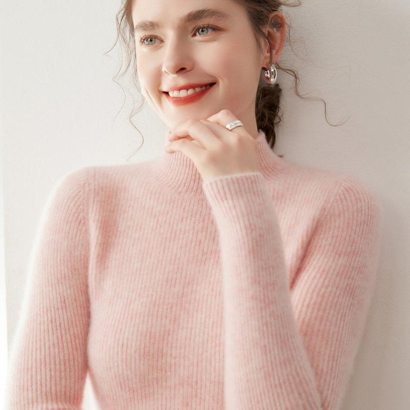 Women's Cashmere Solid Color Half-High Neck Sweater – Thick Knit, Slim Fit, Versatile Autumn/Winter Base Layer Top