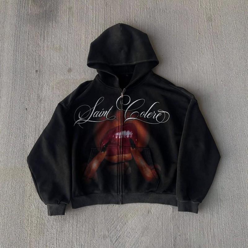 Y2K Gothic Letter Print Oversized Zip Up Hoodie Streetwear Teens