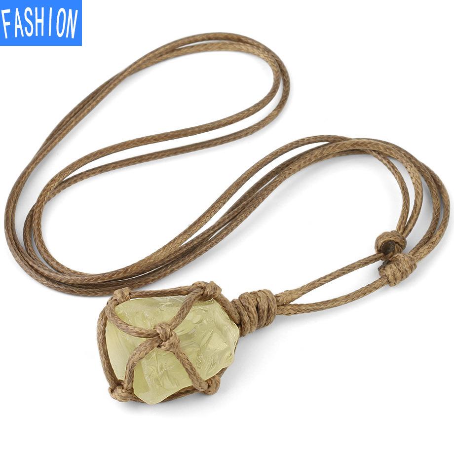 Natural Irregular Amethyst Pendant Hand-Made Cowhide Rope Woven Stone Personalized Necklace