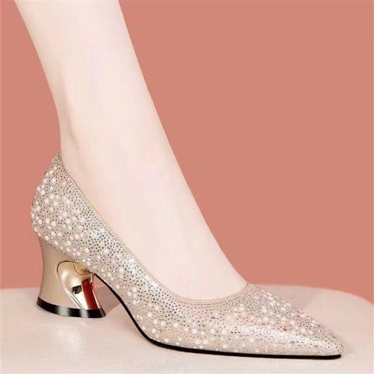 Rhinestone medium heel shallow mouth single shoes autumn new pointed thick heel wedding shoes with cheongsam shoes temperament socialite