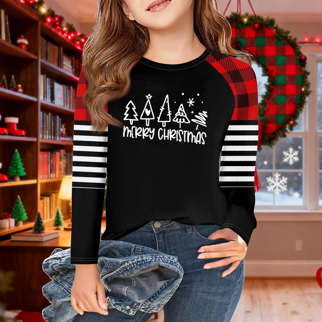 Girls Long Sleeve Christmas Day T Shirts Kids Fall Tops Crewneck Basic Tees 5-14Y
