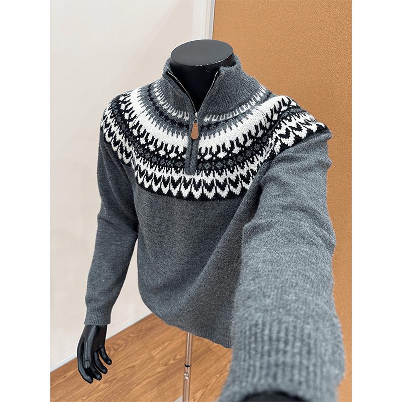 Men's Grey Fair Isle Half-Zip High Neck Sweater - Autumn/Winter Jacquard Knitwear