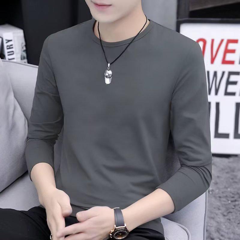 Men's Crew Neck Long Sleeve Slim Fit Pullover – Plus Size Solid Color Casual T-Shirt for Spring & Autumn.