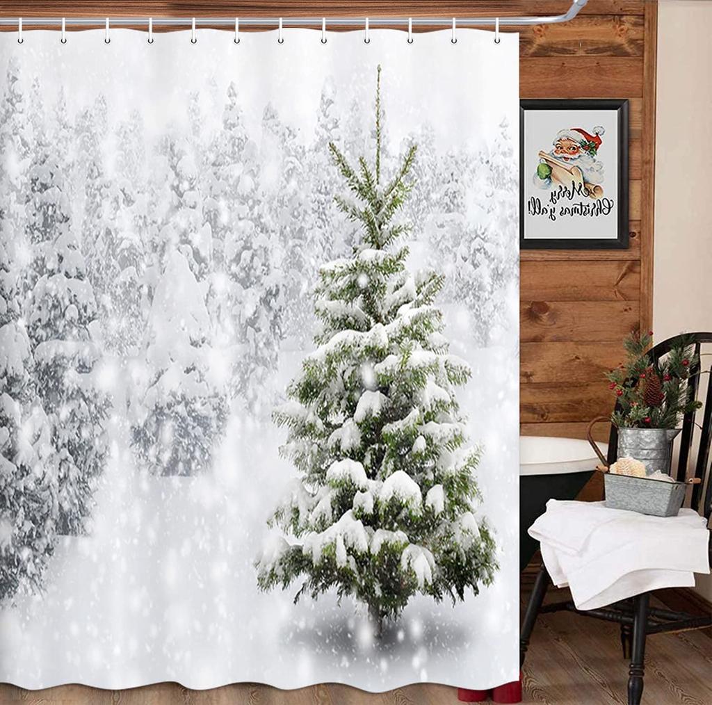 Christmas Shower Curtain Winter Snowy Landscape Forest Shower Curtain Xmas Pine Tree Bath Curtain with Hooks Home Bathroom Decor