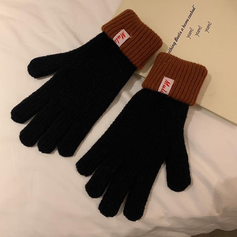 Color Warm Wool Gloves Women's Autumn and Winter New Knitted Winter Riding Five Fingers Cold Solid Color
