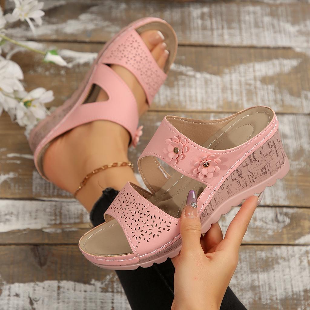 Sandals for Women Summer Metal Buckle Sandals Peep Toe Wedge Casual Thick Bottom Light Comfort Beach Slides Slippers