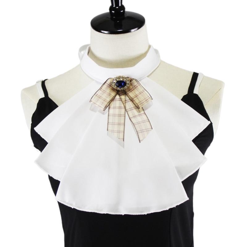 Victorian Steampunk Layer Ruffled Jabot Necktie Japanese JK Fake Collar with Plaid Bowknot Colonial Shirt Front Neckwear