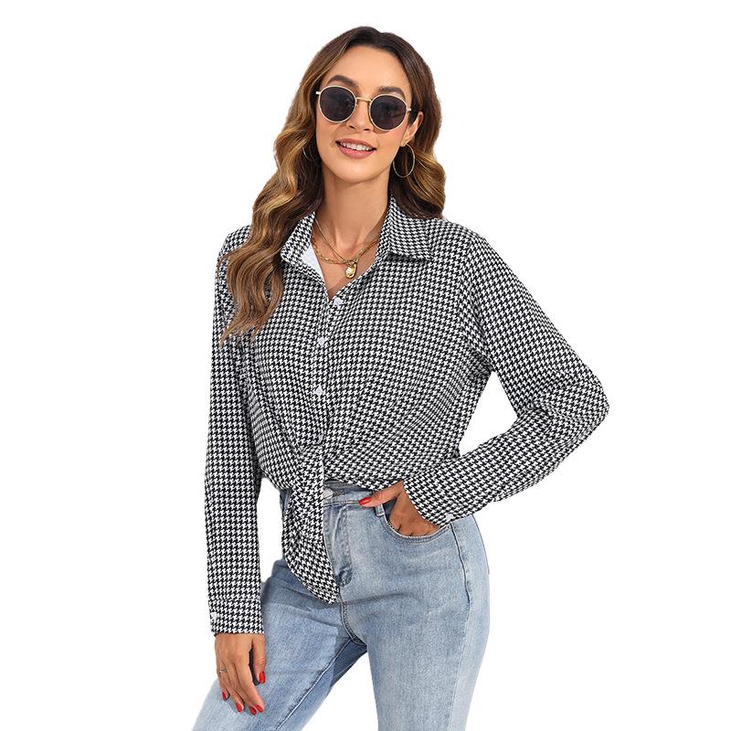 European and American Women s Plaid Lapel Long-Sleeve Casual Shirt L