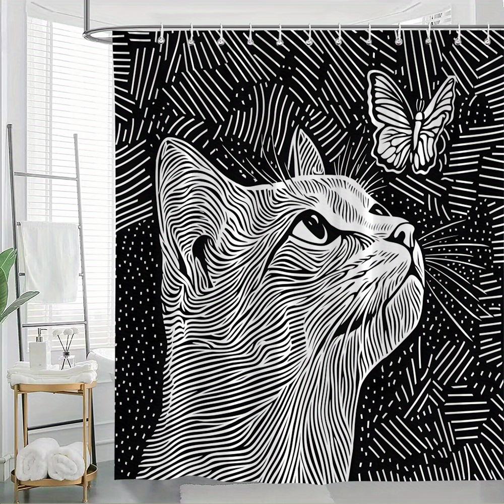 

1pc Black White Cat Butterfly Shower Curtain - Digital Intricate Line Art, Zebra Fur Texture, Hypnotic Swirling Patterns, Optica 90x180cm35x71in