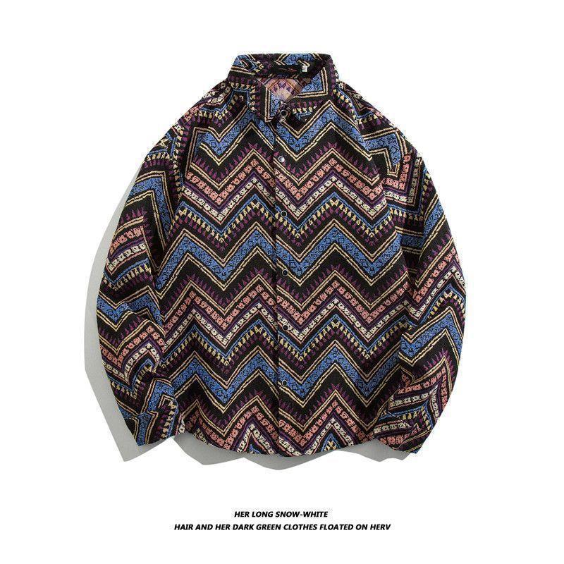Men's Cuban Vintage Retro Long Sleeve Shirt Japanese Ethnic Style Autumn Winter Casual Button Down