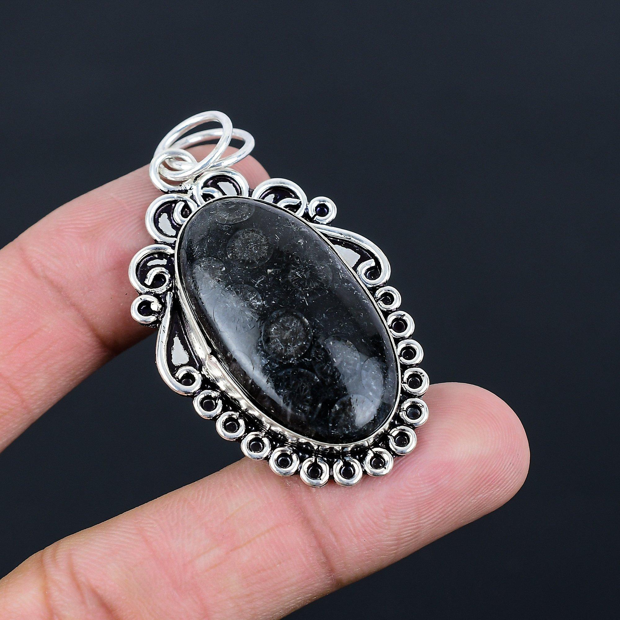 Gift For Women Pendant 925 Sterling Silver Natural Black Fossil Coral Gemstone