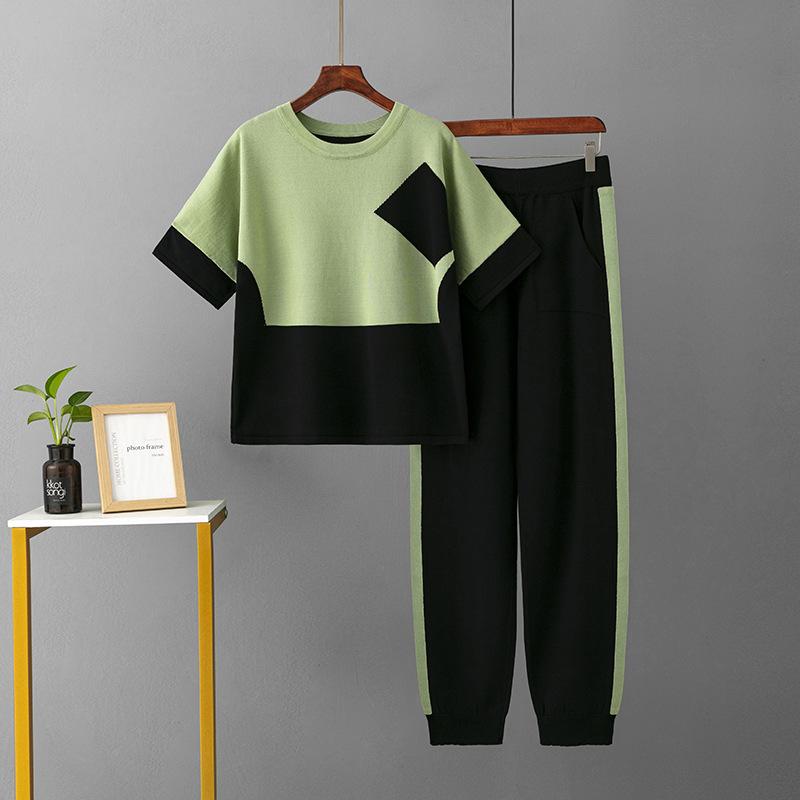 Fashion casual suit women's summer new color matching loose ice silk short sleeve two-piece set