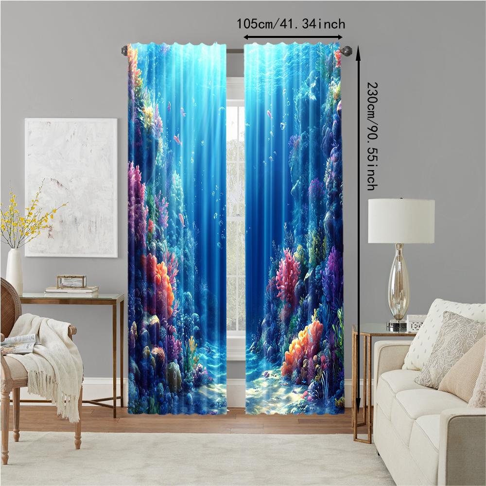 2 pcs   versatile polyester transparent curtains for home decoration Blue Underwater Landscape for use in bedrooms and living