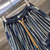 Talla Grande 300 Libras Modernos Pantalones Harem de Verano para Hombre de Mezclilla con Rayas Verticales Cintura Elástica Nueve Puntos