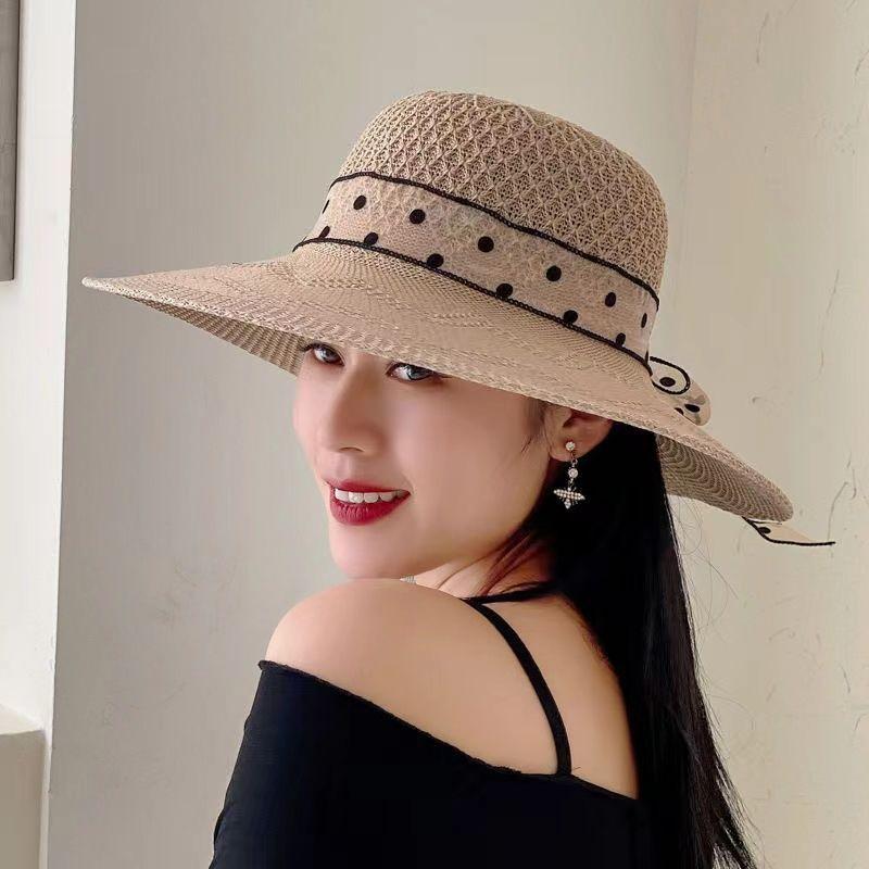 

Летняя складная шляпа от солнца Новая шляпа от солнца Защита от солнца Пляжная с большими полями Морская в горошек УФ Дышащая соломенная шляпа Little big brim hat-khakis All yards
