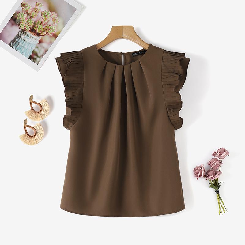 

ZANZEA Женская повседневная блузка с круглым вырезом, коротким рукавом и летней расцветкой 4XL коричневый