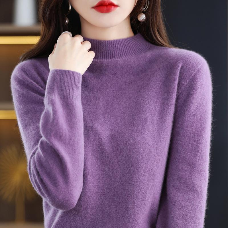 Women's 100% Wool Seamless Pullover Sweater: Autumn/Winter Half-High Neck Base Layer
