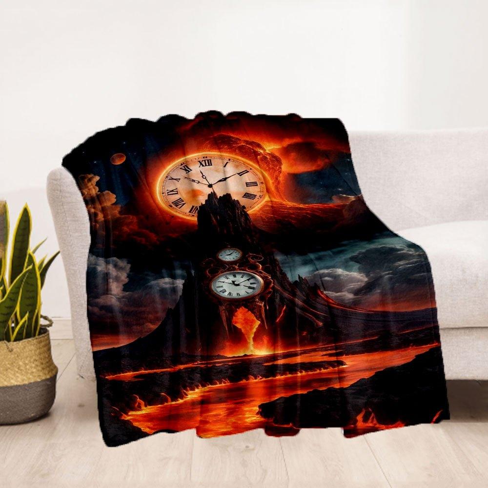 "Timeless Eruption: Fantasy Clockwork Volcano Art Print"Blanket Flannel Throw Blanket for Sofa, Bed, Travel, Camping, Office