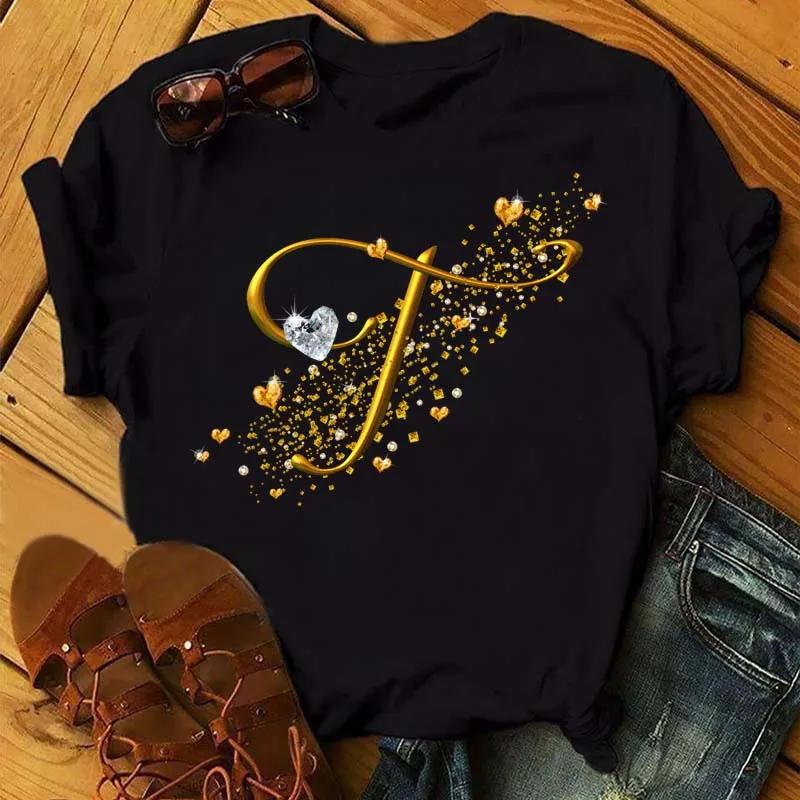 Custom Name Letter Combination Fashion Women T-shirt Diamond Gold Letter Font Short Sleeve Tops Black T-shirt