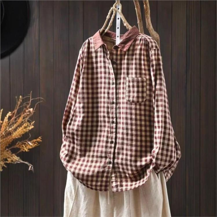 Johnature Vintage Plaid Shirts for Women Long Sleeve Spring Blouses with Turn Down Collar and Button Pockets
