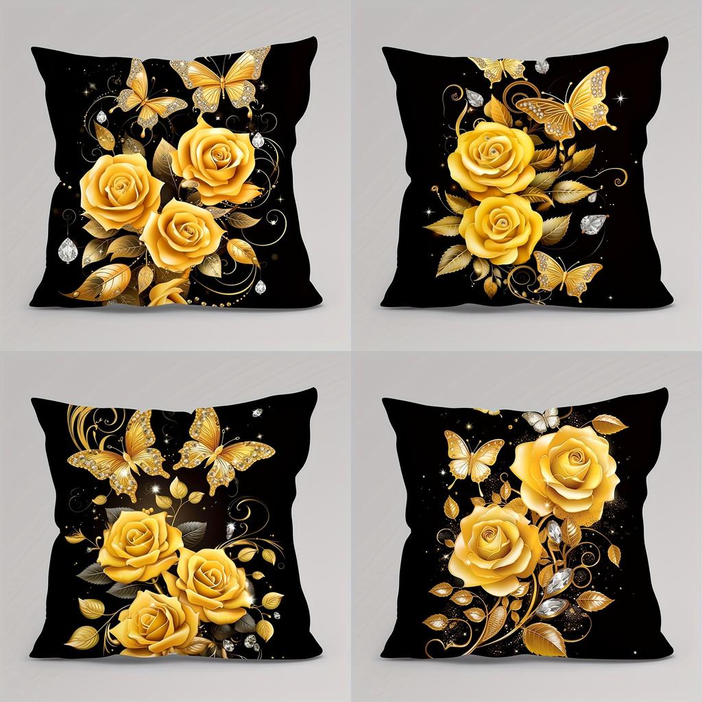 Golden Rose Butterfly Pattern Printed Pillowcase, Home Room Decoration, Soft and Comfortable, Sofa and Chair Cushion Cover