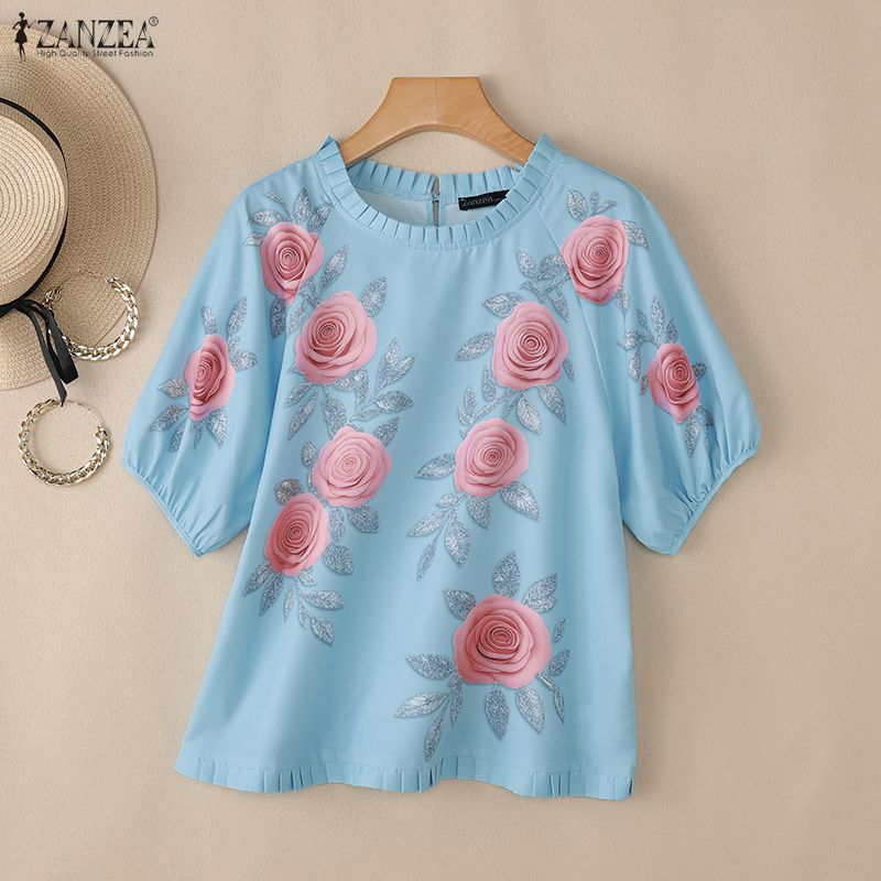 ZANZEA Women Floral Print Casual Round Neck Loose Short Sleeve Blouse