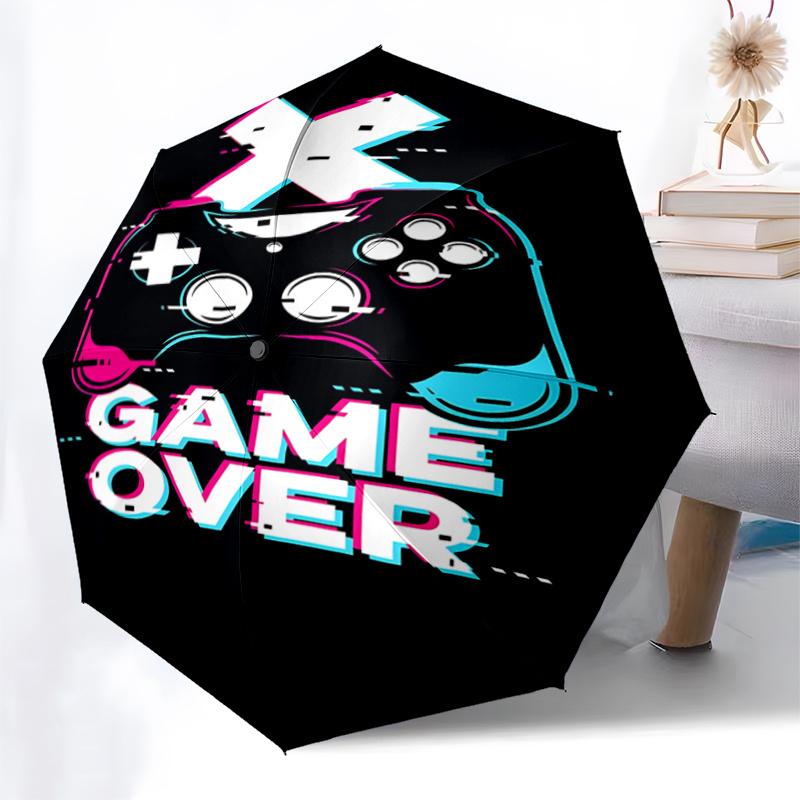Game Over Video Game Controller Glitch Effect Automatic Opening Folding Umbrella with 8-Bone Iron Frame - Portable Design for Outdoor Use, F