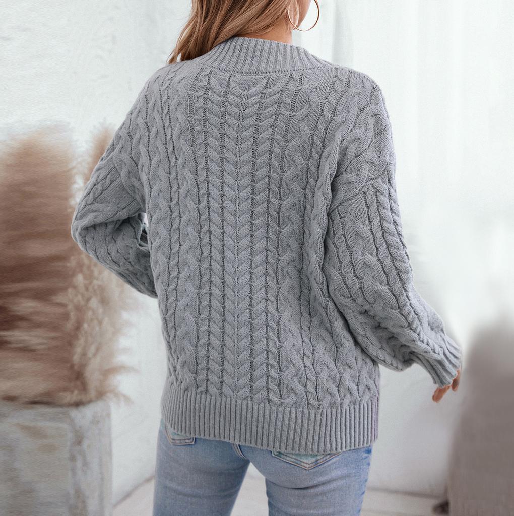 Women's Fashion Casual Loose Solid Color Pullover Retro Cable V-Neck Long Sleeve Knit Sweater