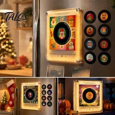 Gece Lambalı Pikap Mıknatısı Vinil Buzdolabı Mıknatısı, 9 Programlanabilir Kayıt, 128MB Hafıza, Müzik Yok, Manyetik Buzdolabı Müzik Kutusu LED Işıklı