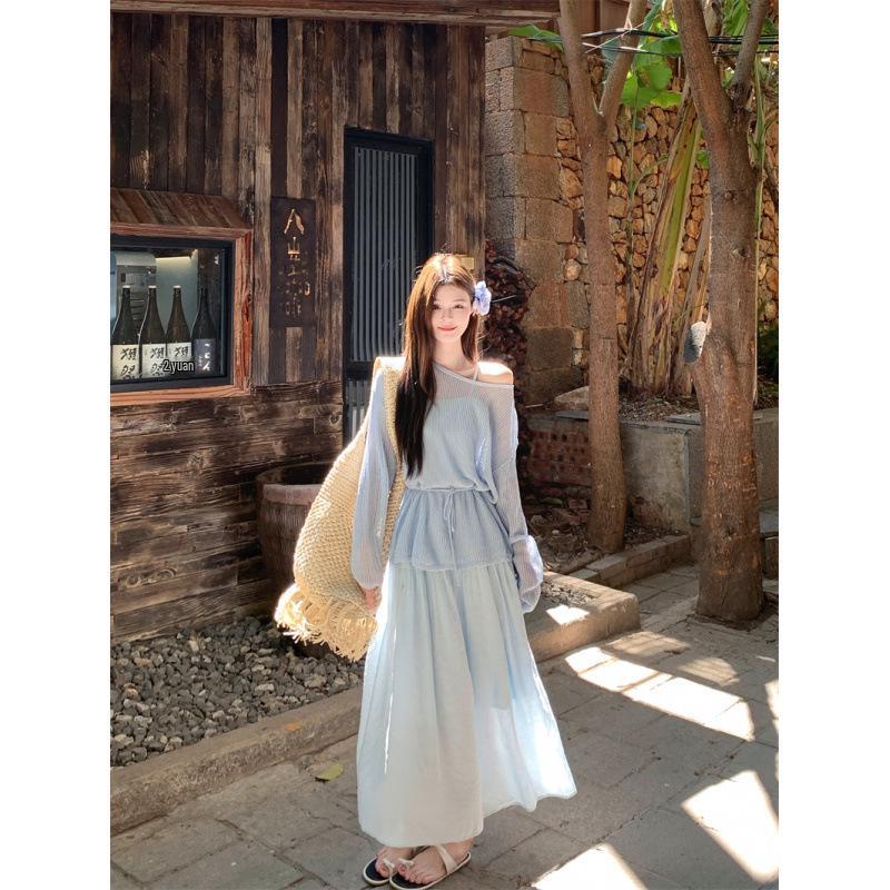 Loose Knit Hollow Cover-Up & Camisole Dress Set L