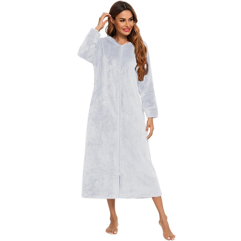 Bata de felpa con cremallera para mujer con capucha térmica larga bata de noche invierno comodidad cremallera reclinable pijama bata de casa ropa casual bata de noche