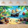 Tropical Pirate Tapestry - Beach Pirate Ship Parrot Treasure Home Decor Background