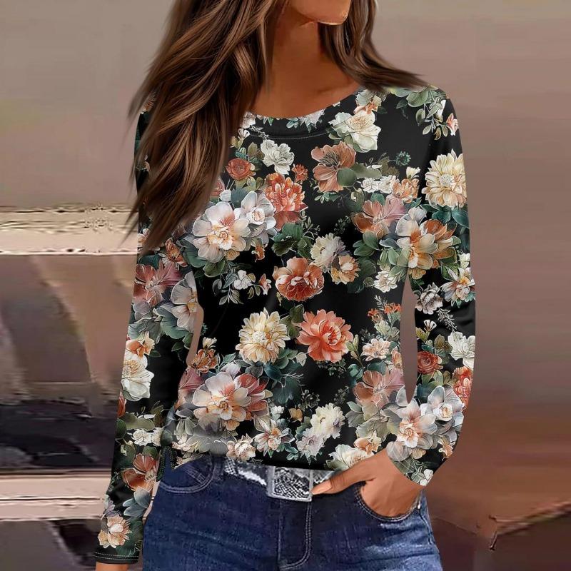 

Осенняя женская футболка 3D Градиентный цветочный принт Модная с длинным рукавом Круглый вырез Обычные топы Праздничные выходные Весенне-осенняя одежда 3XL