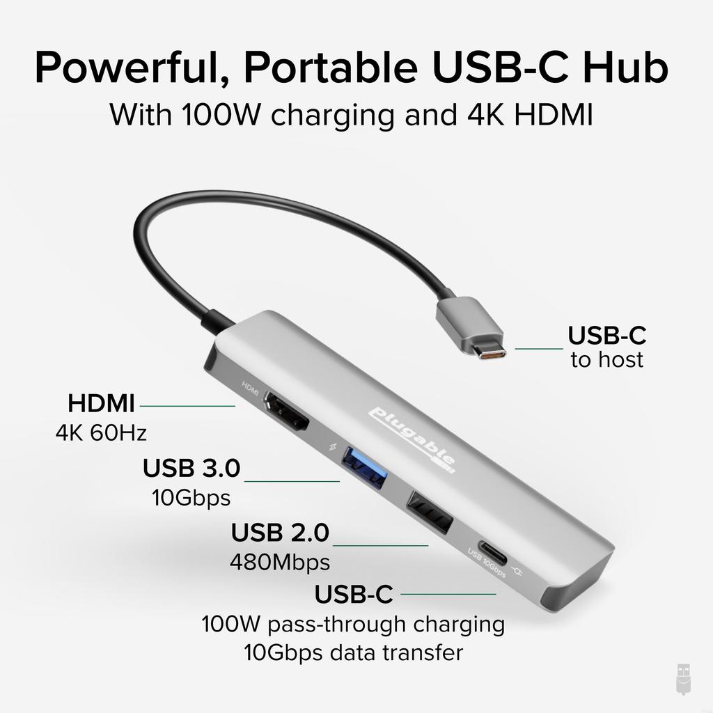 Plugable Hub with 100W 4K 60Hz HDMI Thunderbolt Compatible USB-C 4-in-1 Multi-Port Pass-Through Charging, Port, Windows, Mac, Chromebook,
