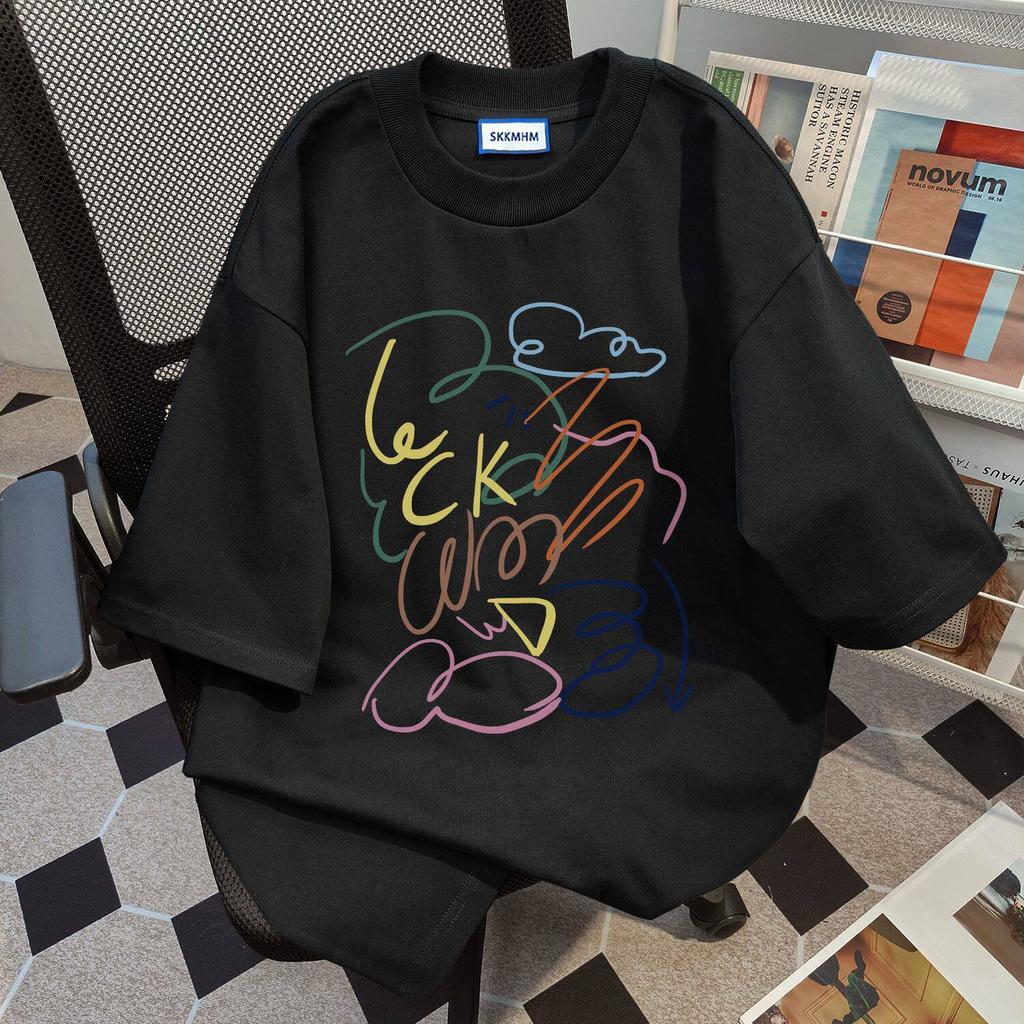 American high street design line printing short-sleeved t-shirt women's summer new loose large size fat mm pure cotton top
