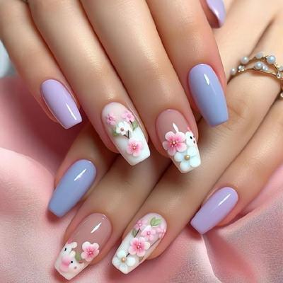 24 Pcs Flowers Stick On Nail Simple Artificial Nail Long Shape False Nail Glossy Press On Nail for Woman Girls