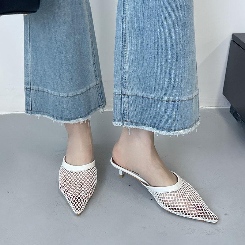Fashion Pointed Toe Fashion Mesh Women Heeled Slippers Shoes Mules Ladies Low Heel Slippers Female Slides Sandals Pumps Big Size 43