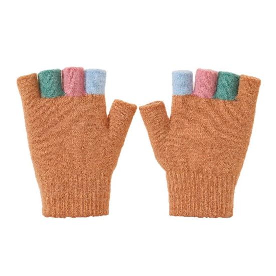 Kids Knitted Gloves Winter Half Finger Gloves Soft Color Block Warm Wrist Gloves for Boys Girls Indoor Outdoor Use